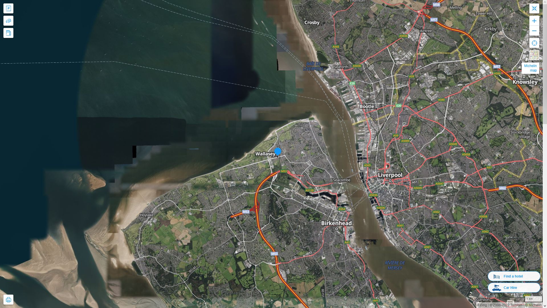 Wallasey Royaume Uni Autoroute et carte routiere avec vue satellite